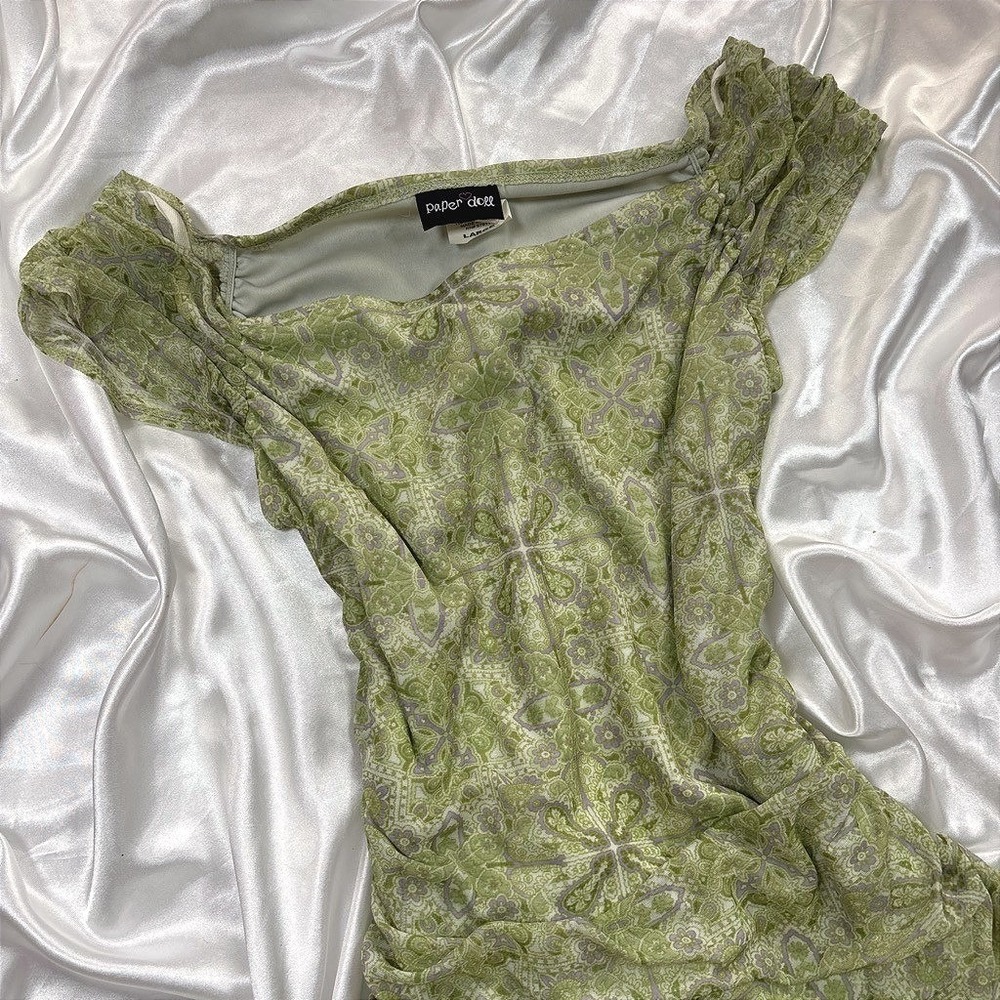 y2k Paper Doll Cap Sleeve Top Green Excellent Ruched Mesh Paisley Print 56QH6799